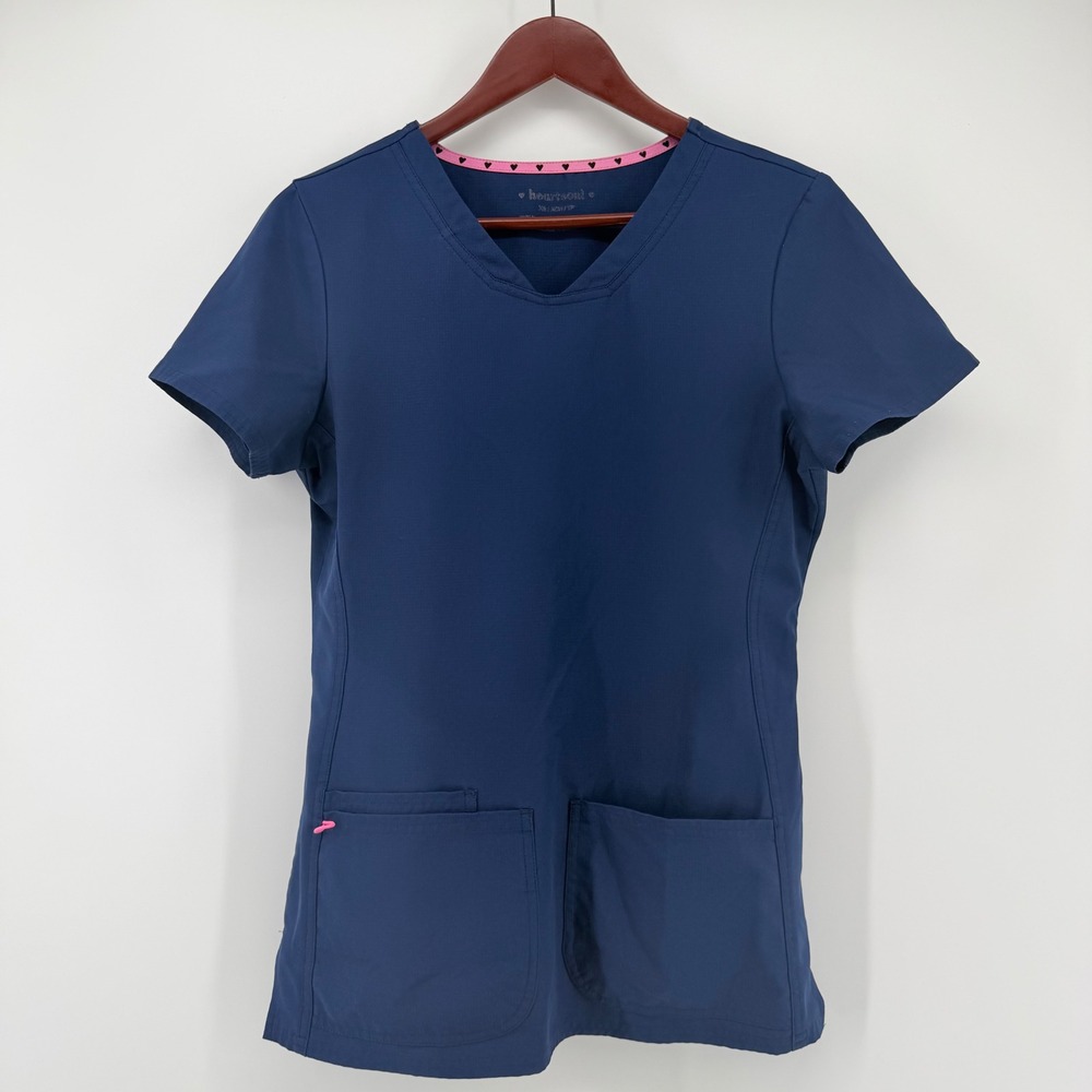 Heartsoul Women XS Scrub Top Navy Blue V-Neck Heart Trim Medical Nursing